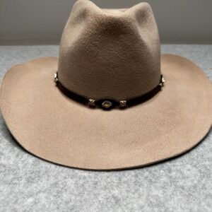 Wrangler Rugged Wear 100% Wool Hat Tan‎ Size 7 1/4 Concho Leather Trim Vintage